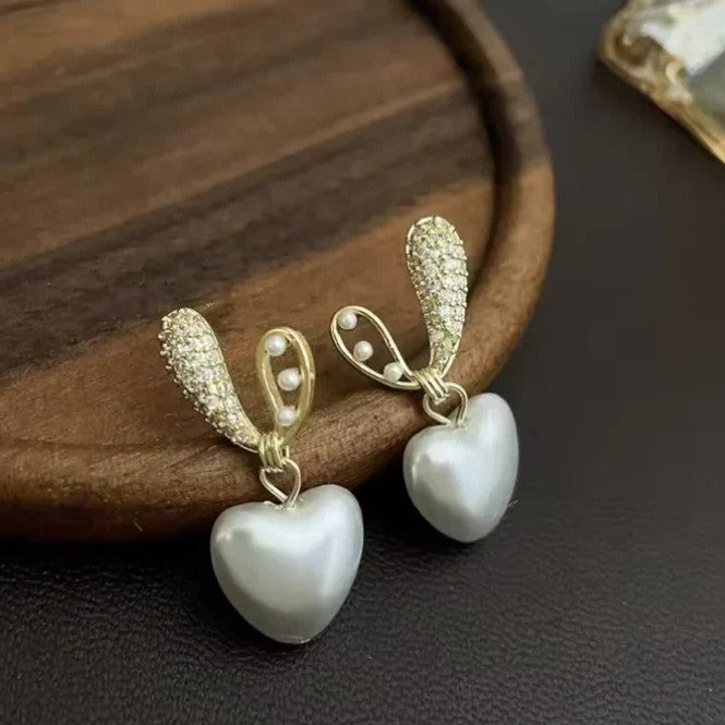Jazbaat Heart-Shaped Crystal & Pearl Studded Korean Earrings