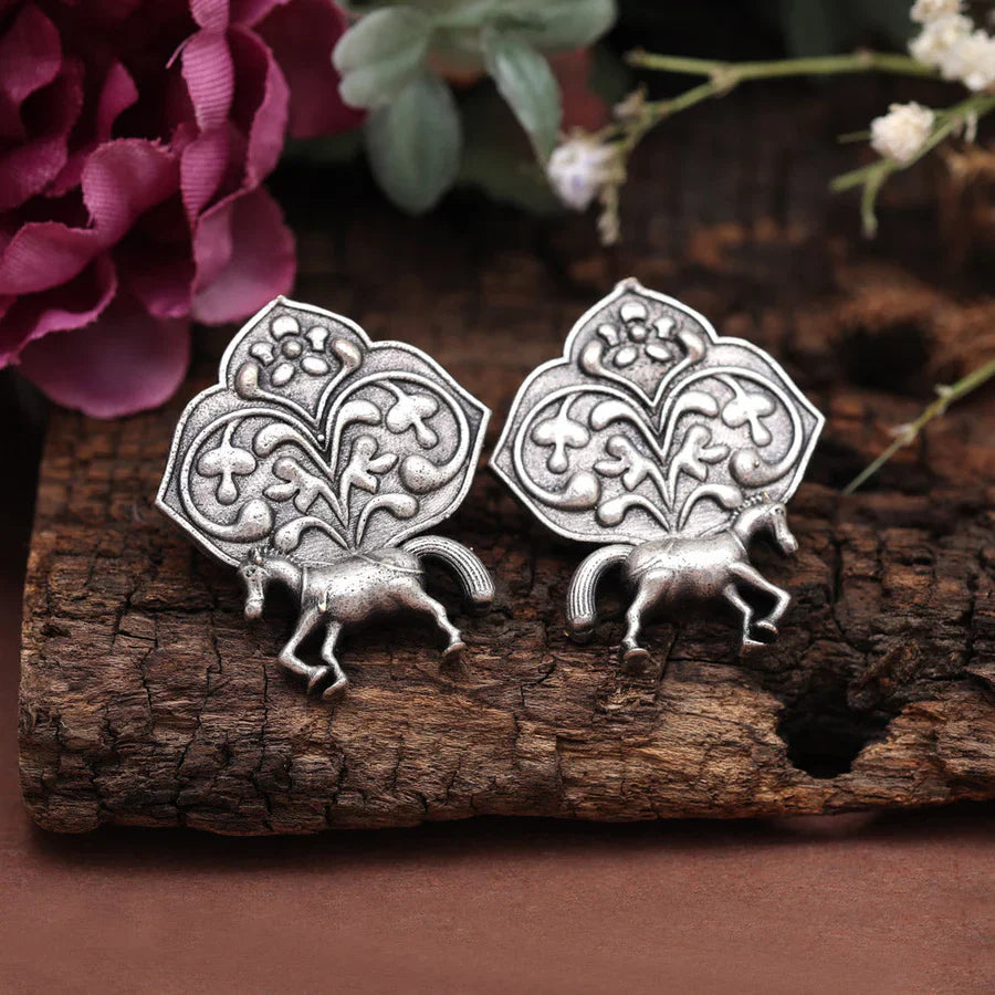 Jazbaat Horse Design Silver Look-alike Stud Earrings