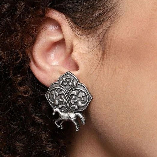 Jazbaat Horse Design Silver Look-alike Stud Earrings