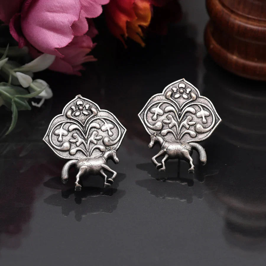 Jazbaat Horse Design Silver Look-alike Stud Earrings