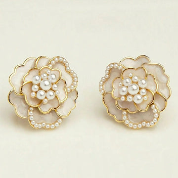 Jazbaat Korean Pearl Camellia Flower Shaped Stud Earrings