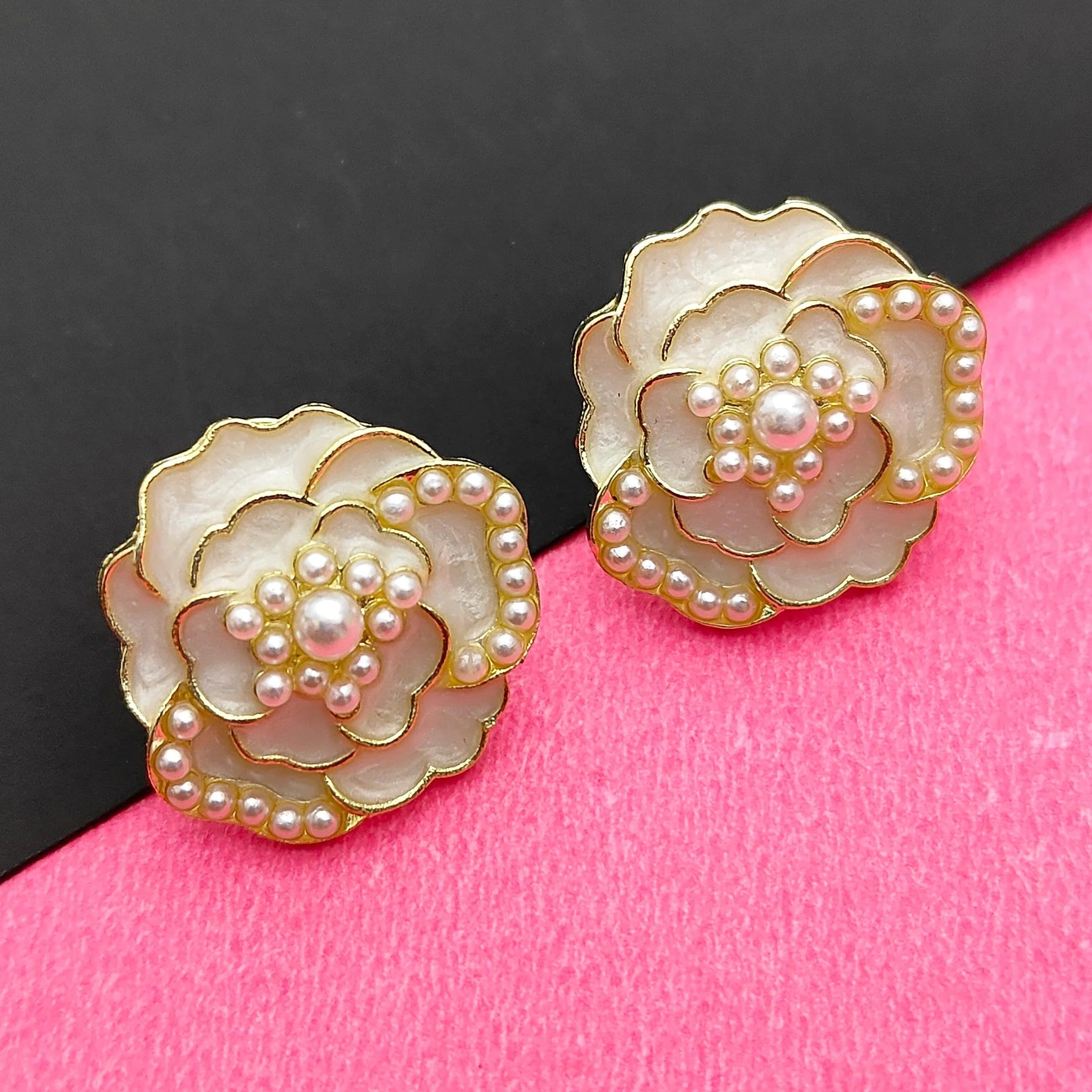 Jazbaat Korean Pearl Camellia Flower Shaped Stud Earrings