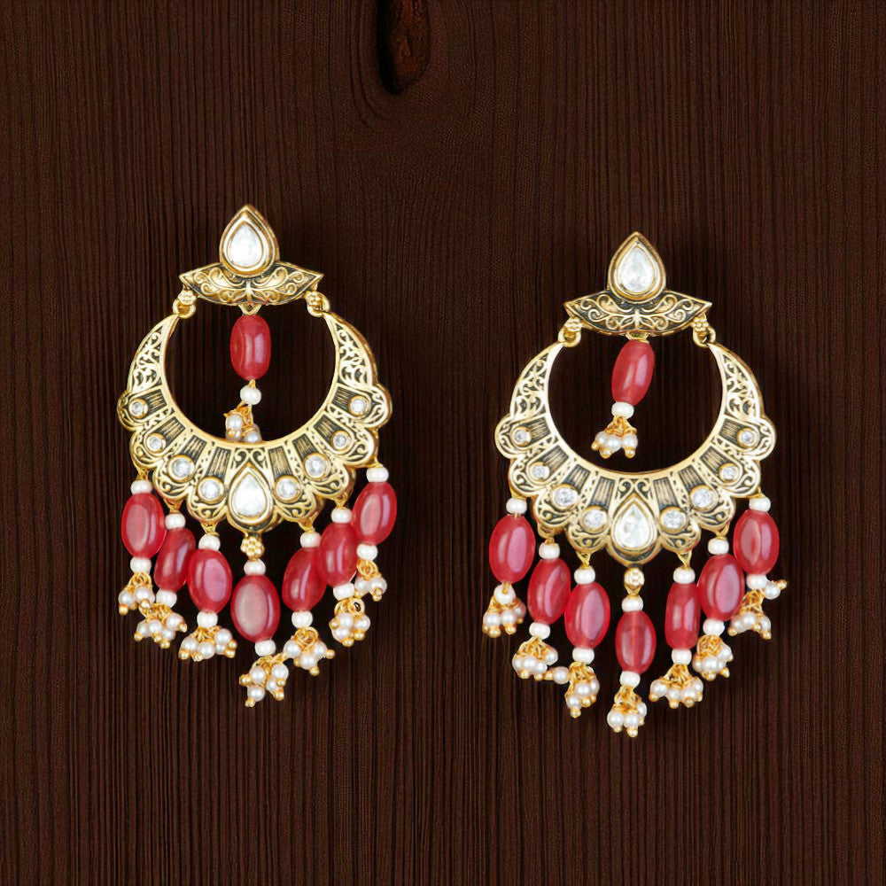 Jazbaat Matte Gold Kundan Studded Pearl Beaded Chandbali Earrings - Ruby