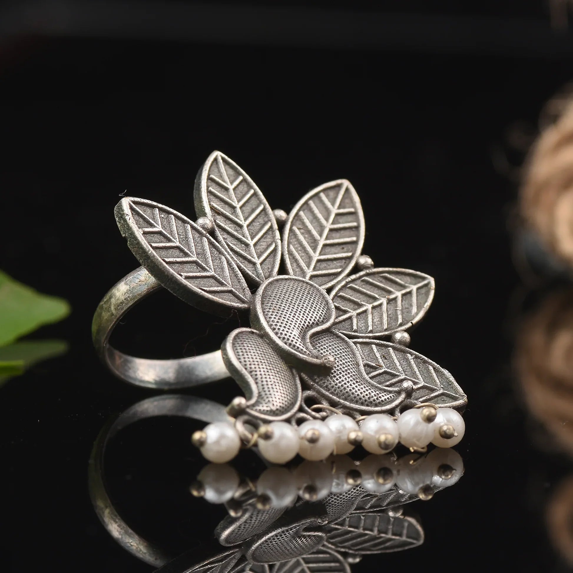 Jazbaat Oxidised Silver-Plated Beaded Finger Ring For Women & Girls