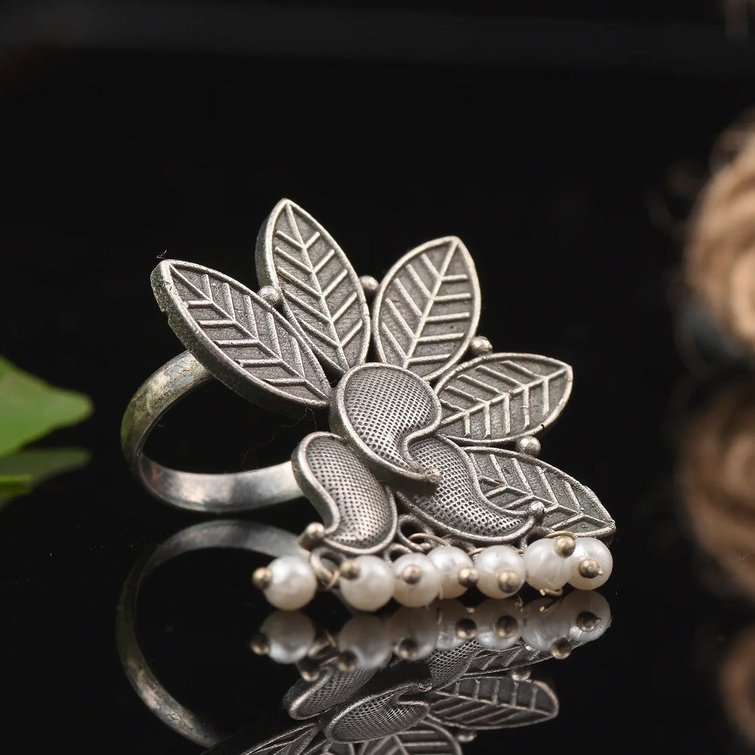 Jazbaat Oxidised Silver-Plated Beaded Finger Ring For Women & Girls