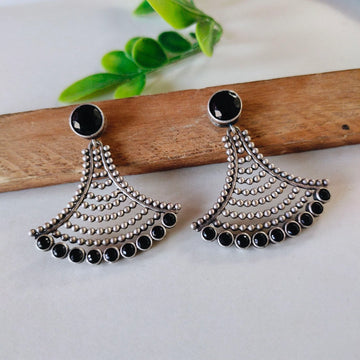 Jazbaat Oxidised Silver-Plated Black Stone-Studded Dangler Earrings (JERDRP136)