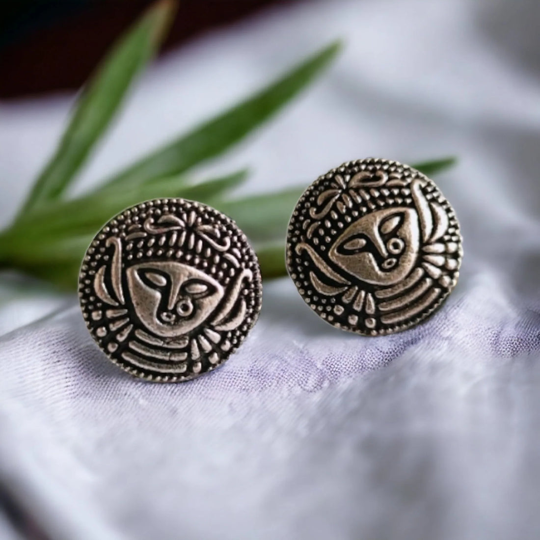 Jazbaat Oxidised Silver-Plated Goddess Durga Stud Earrings