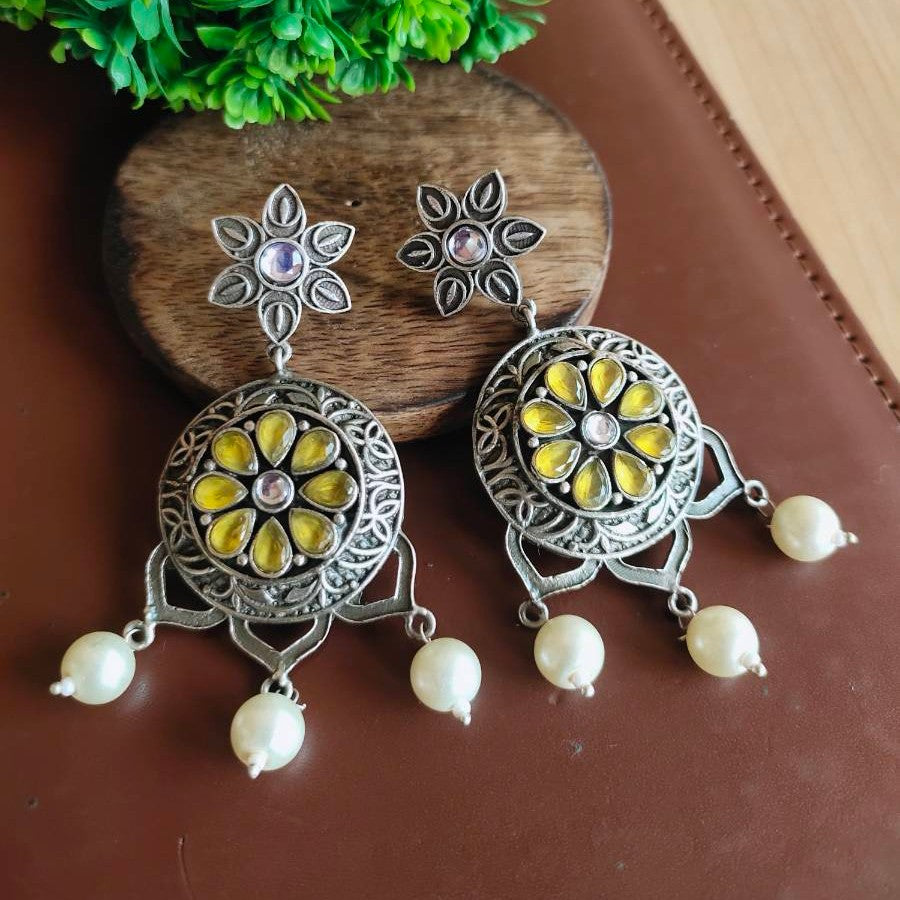 Jazbaat Oxidised Silver-Plated Green Stone-Studded Dangler Earrings