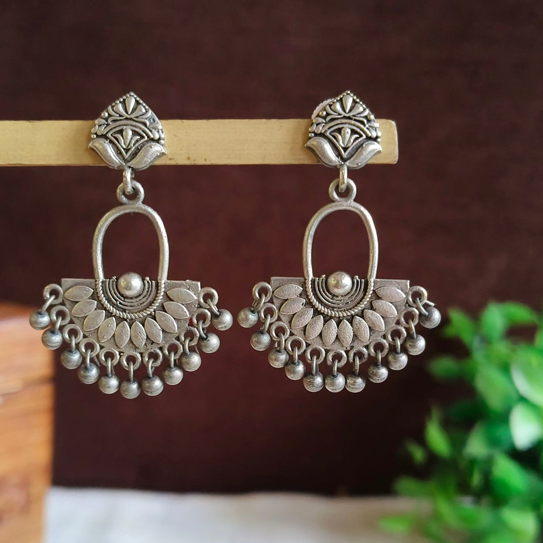 Jazbaat Oxidised Silver-Replica Intricate Embossed Ghungroo Dangler Earrings
