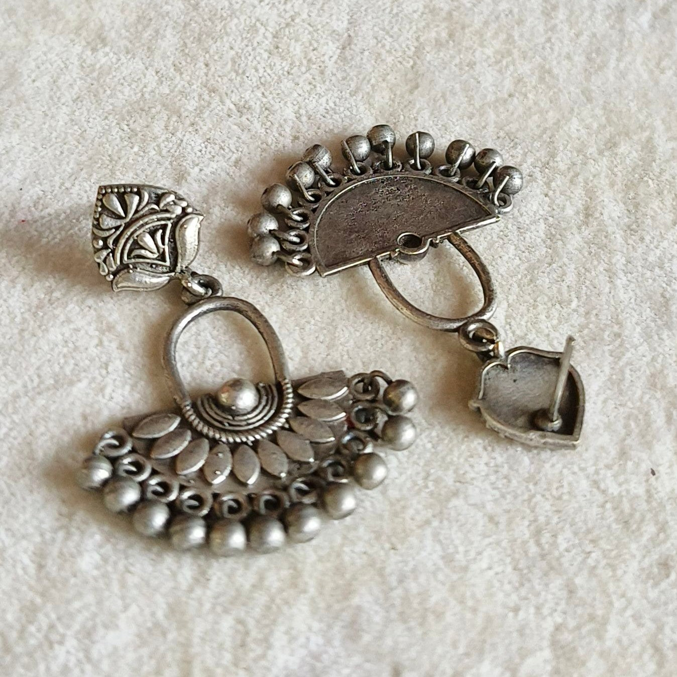 Jazbaat Oxidised Silver-Replica Intricate Embossed Ghungroo Dangler Earrings