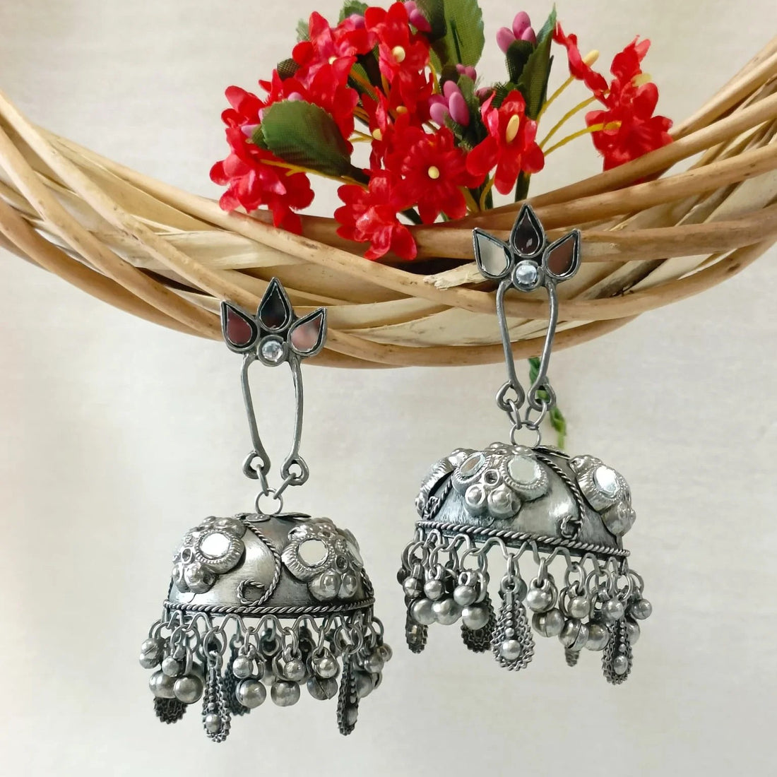Jazbaat Oxidised Silver Dome Shaped Mirror Work Jhumka Earrings