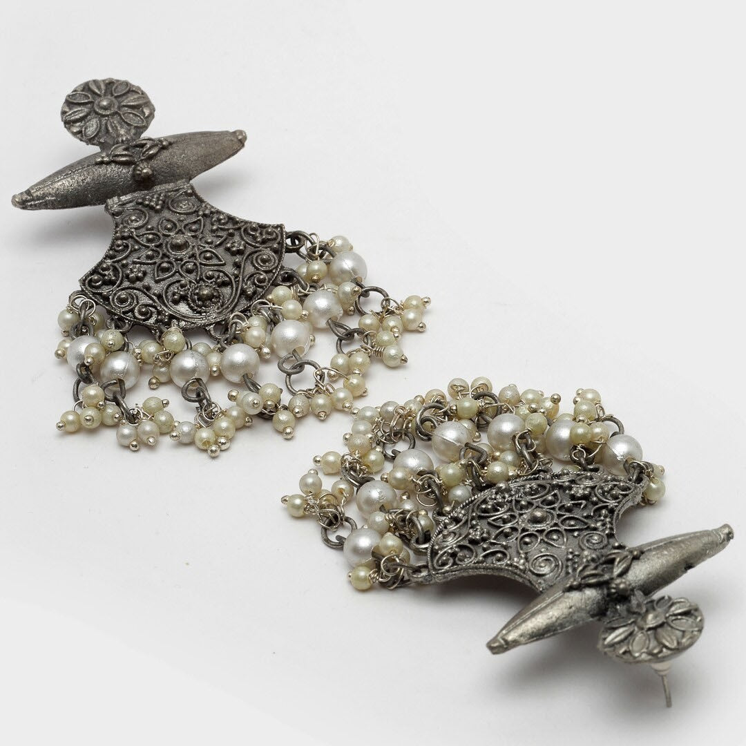 Jazbaat Oxidised Silver Pearls Studded Crescent-Shaped Dangle Earrings