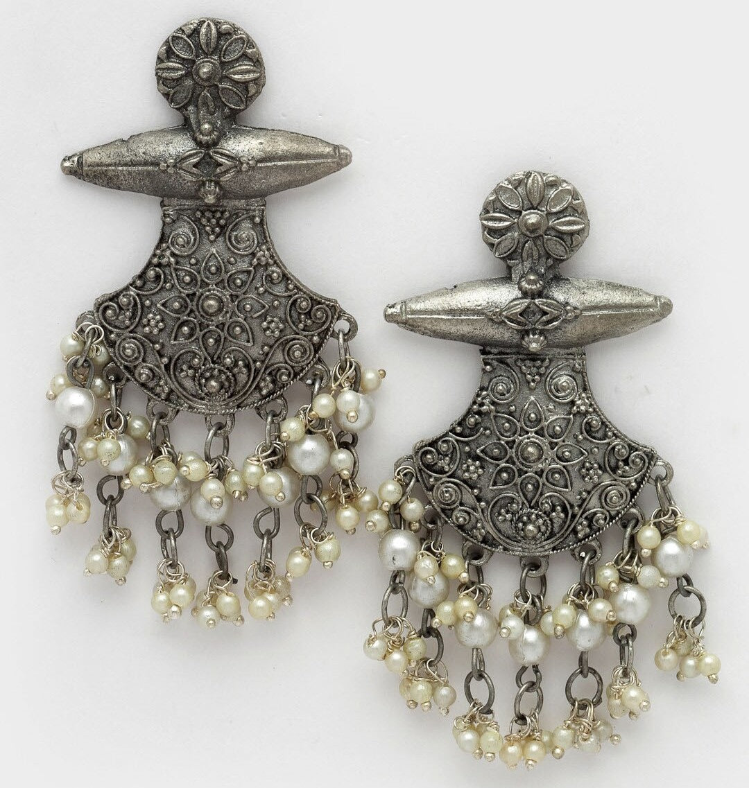 Jazbaat Oxidised Silver Pearls Studded Crescent-Shaped Dangle Earrings
