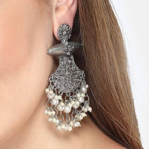 Jazbaat Oxidised Silver Pearls Studded Crescent-Shaped Dangle Earrings
