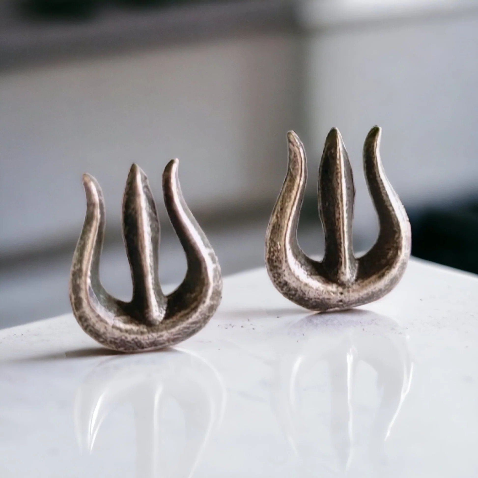Jazbaat Silver Oxidised Trishul Mini Stud Earrings