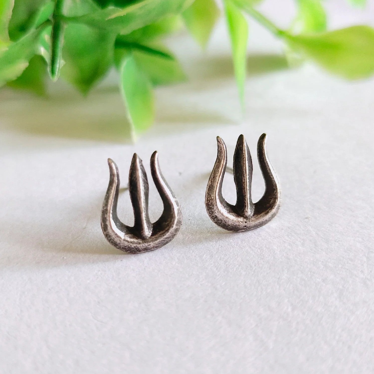 Jazbaat Silver Oxidised Trishul Mini Stud Earrings
