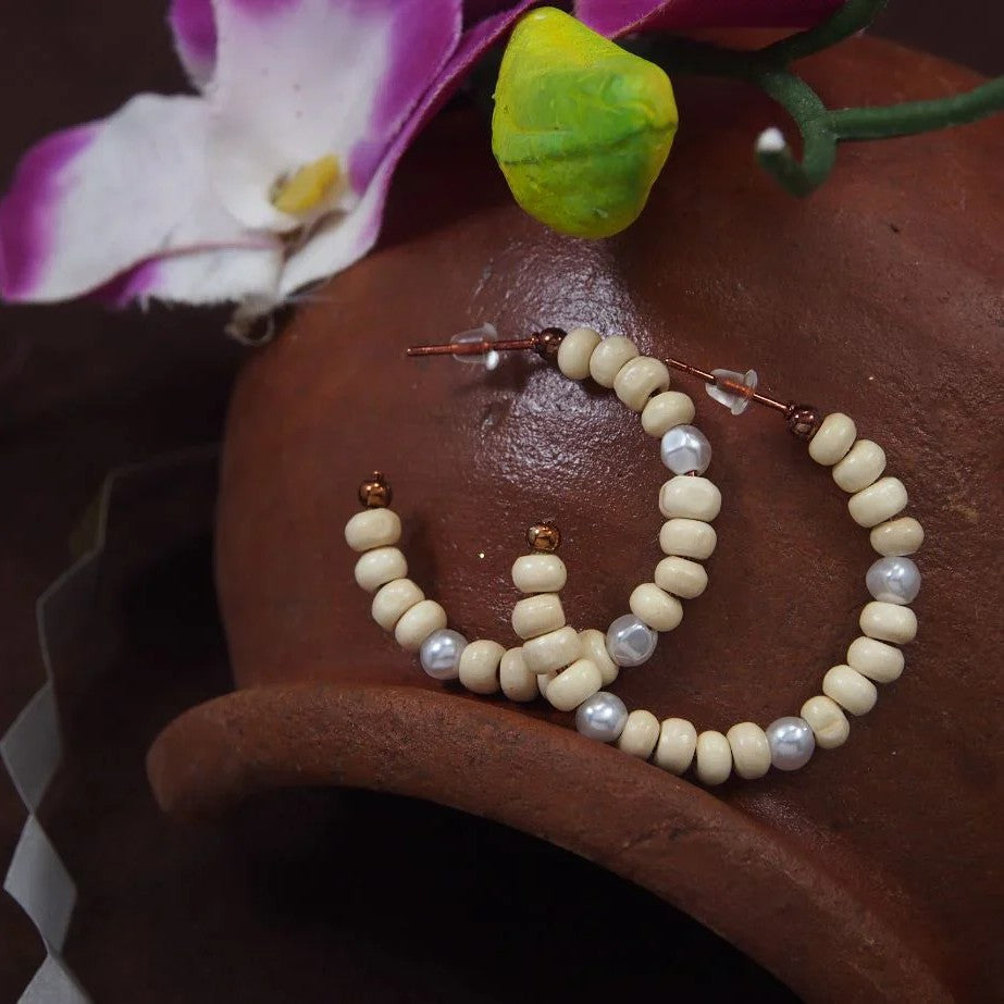 Jazbaat Pearl & Wooden Beaded Hoop Earrings