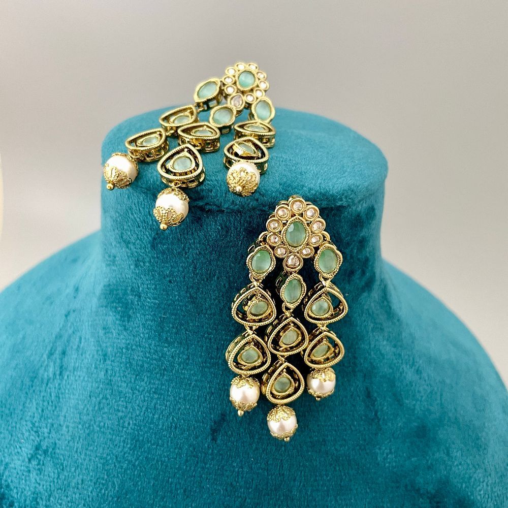 Jazbaat Pearls & Kundan Embellished Mint Green Dangler Earrings
