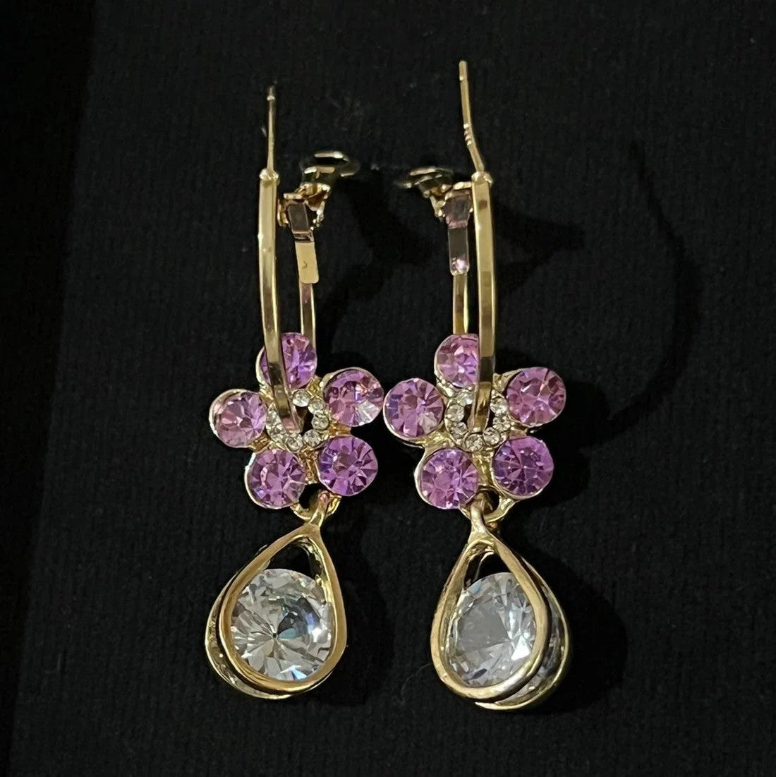 Jazbaat Purple Crystal Flower Design Drop Earrings For Women & Girls