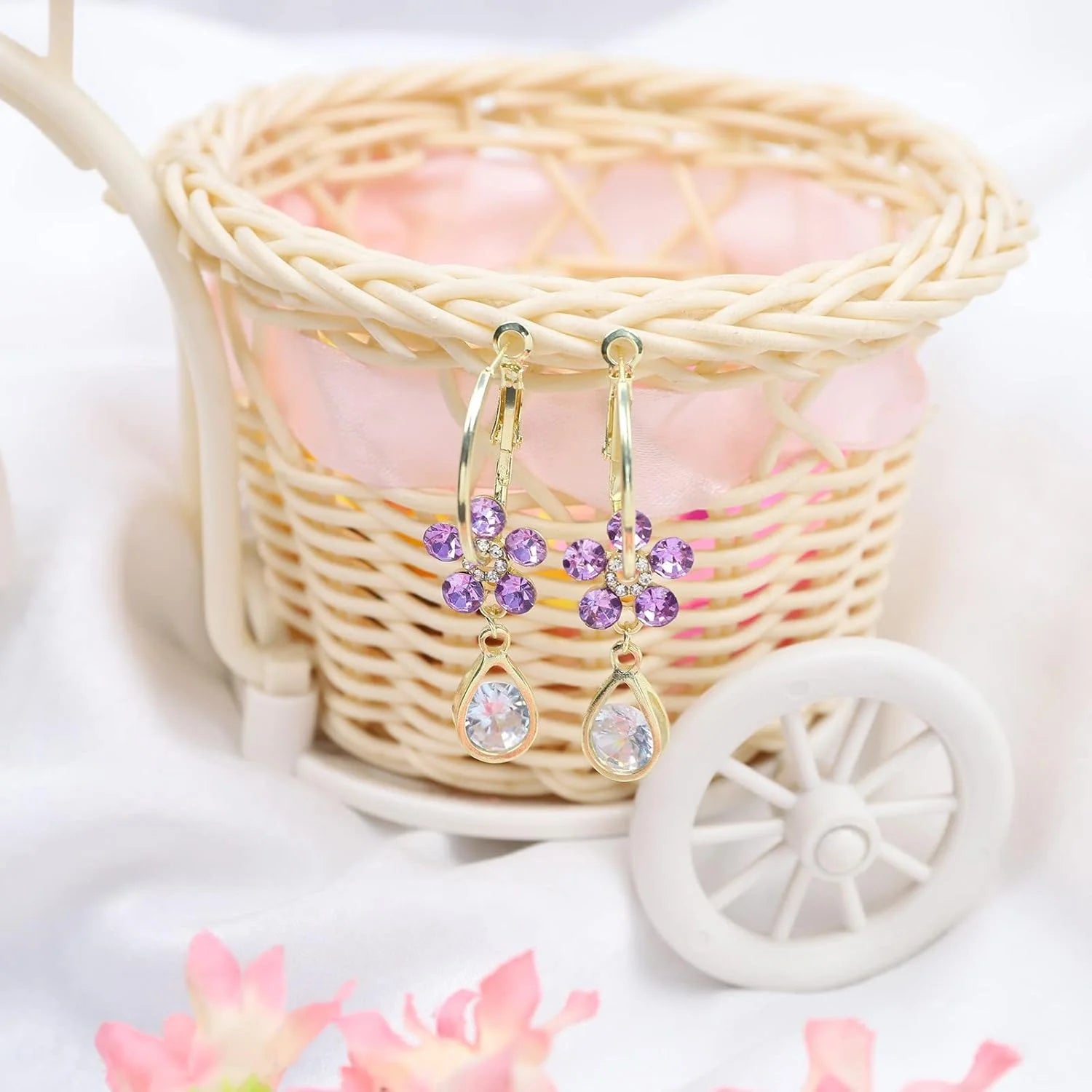 Jazbaat Purple Crystal Flower Design Drop Earrings For Women & Girls