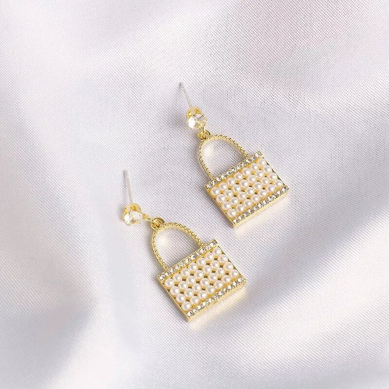 Jazbaat Purse-Shaped Crystal & Pearl Studded Korean Earrings