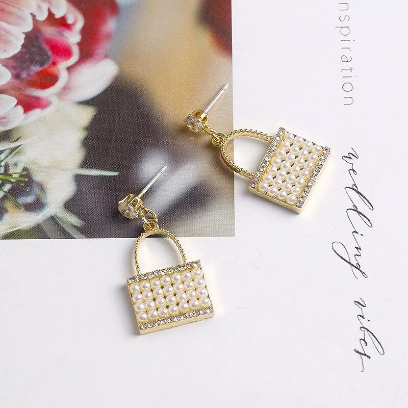 Jazbaat Purse-Shaped Crystal & Pearl Studded Korean Earrings