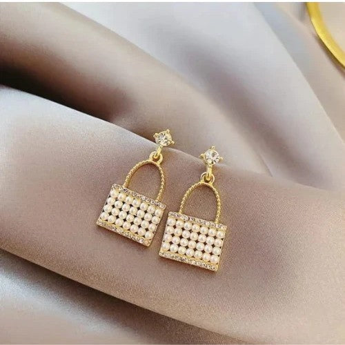 Jazbaat Purse-Shaped Crystal & Pearl Studded Korean Earrings