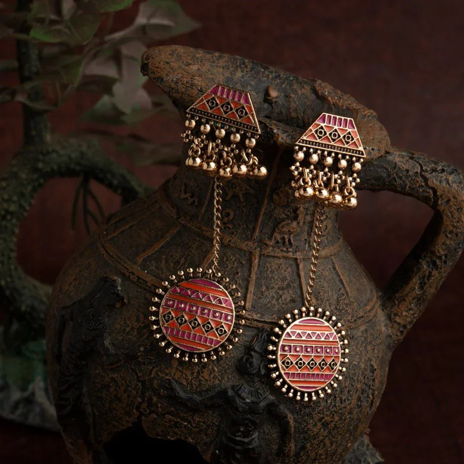 Jazbaat Rose Gold-Plated Enamel Artwork Antique Earrings, Orange-Pink