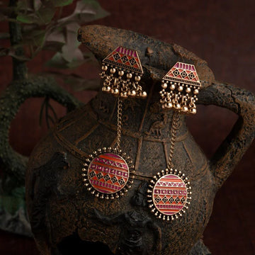Jazbaat Rose Gold-Plated Enamel Artwork Antique Earrings, Orange-Pink