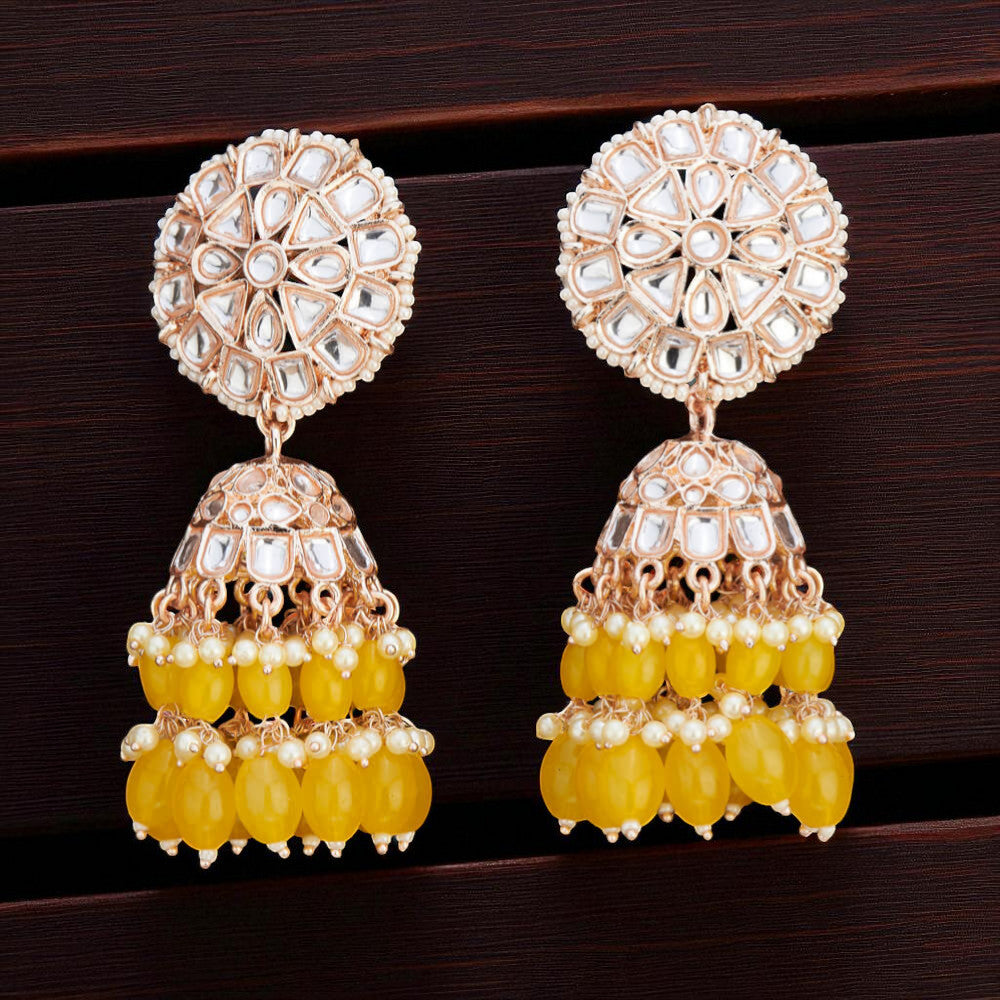 Jazbaat Rose Gold Kundan Studded Pearl Beaded Jhumki Earrings - Yellow