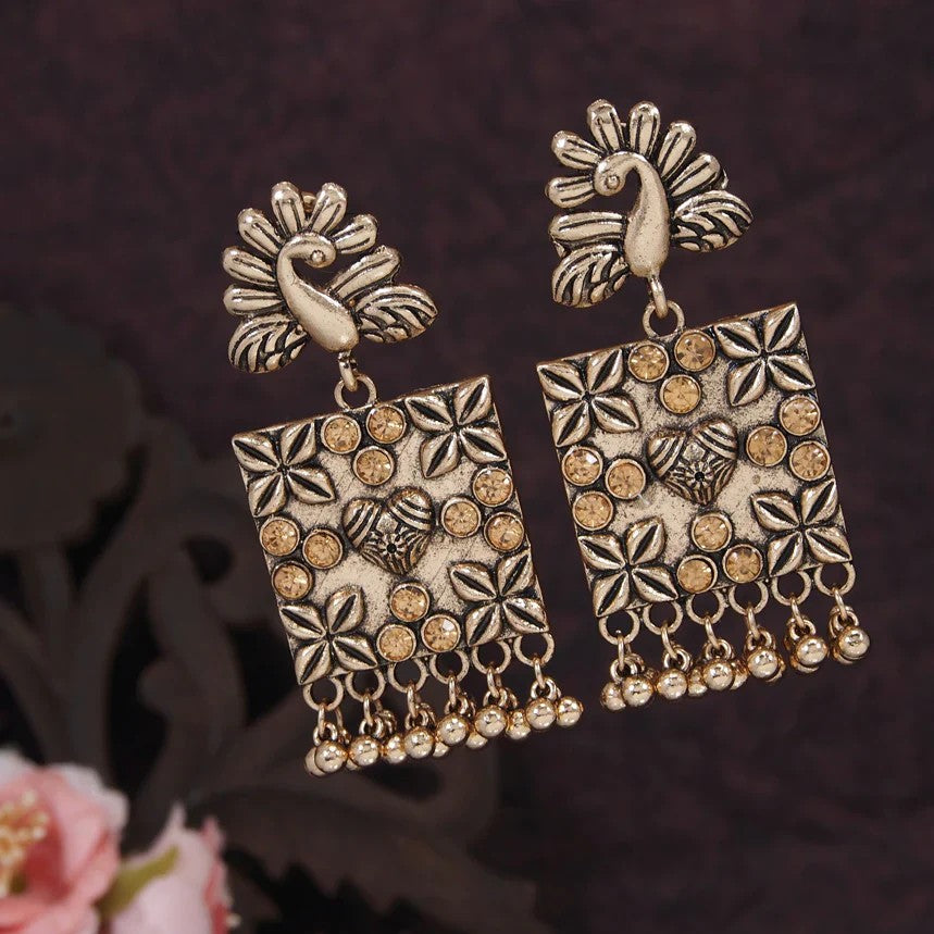 Jazbaat Rose Gold Peacock Design Crystal Studded Dangler Earrings