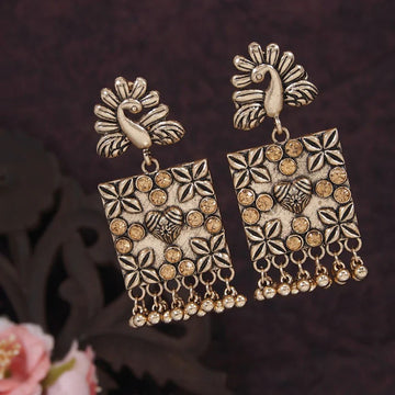 Jazbaat Rose Gold Peacock Design Crystal Studded Dangler Earrings