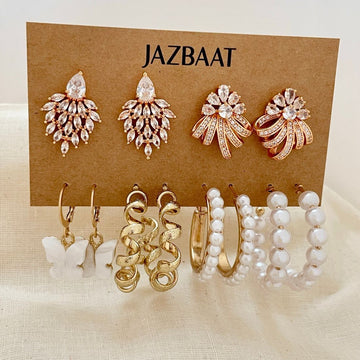 Jazbaat Set Of 6 Gold-Plated Stud & Hoop Earrings