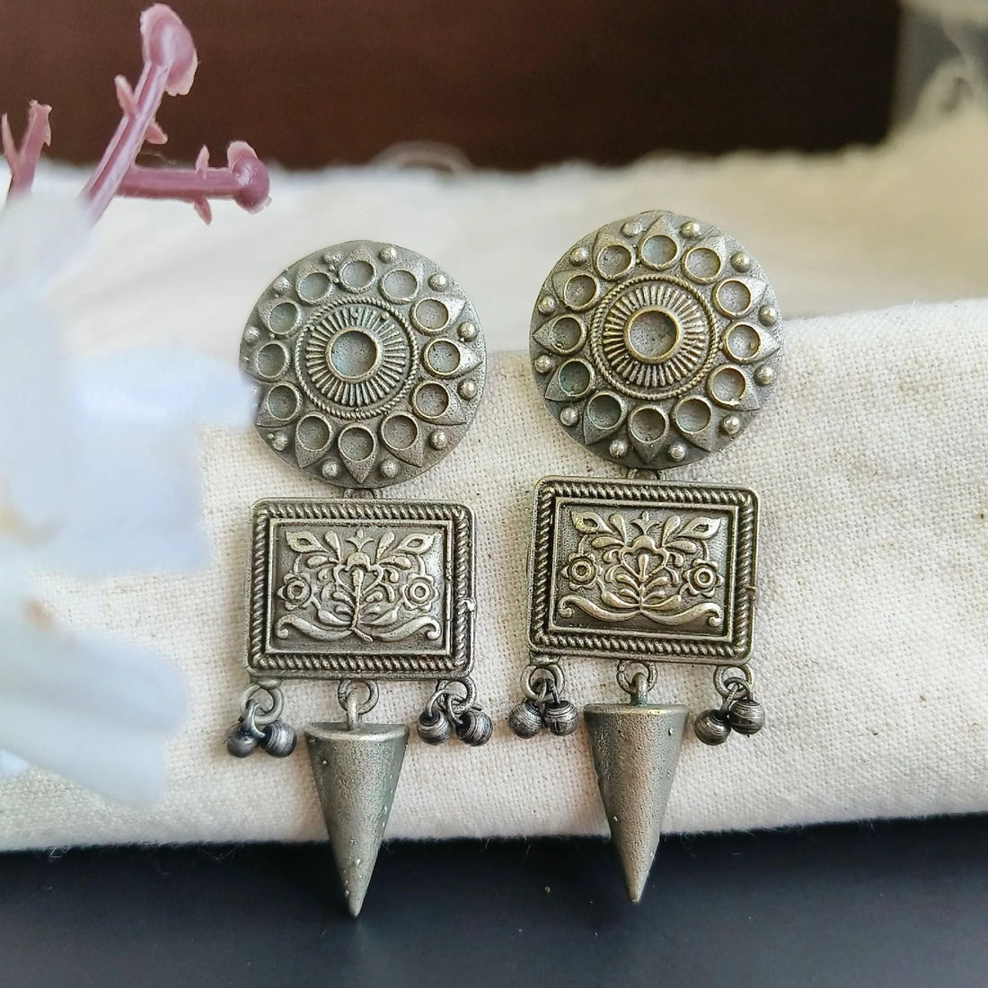 Jazbaat Silver-Lookalike Antique Indian Oxidised Dangler Earrings