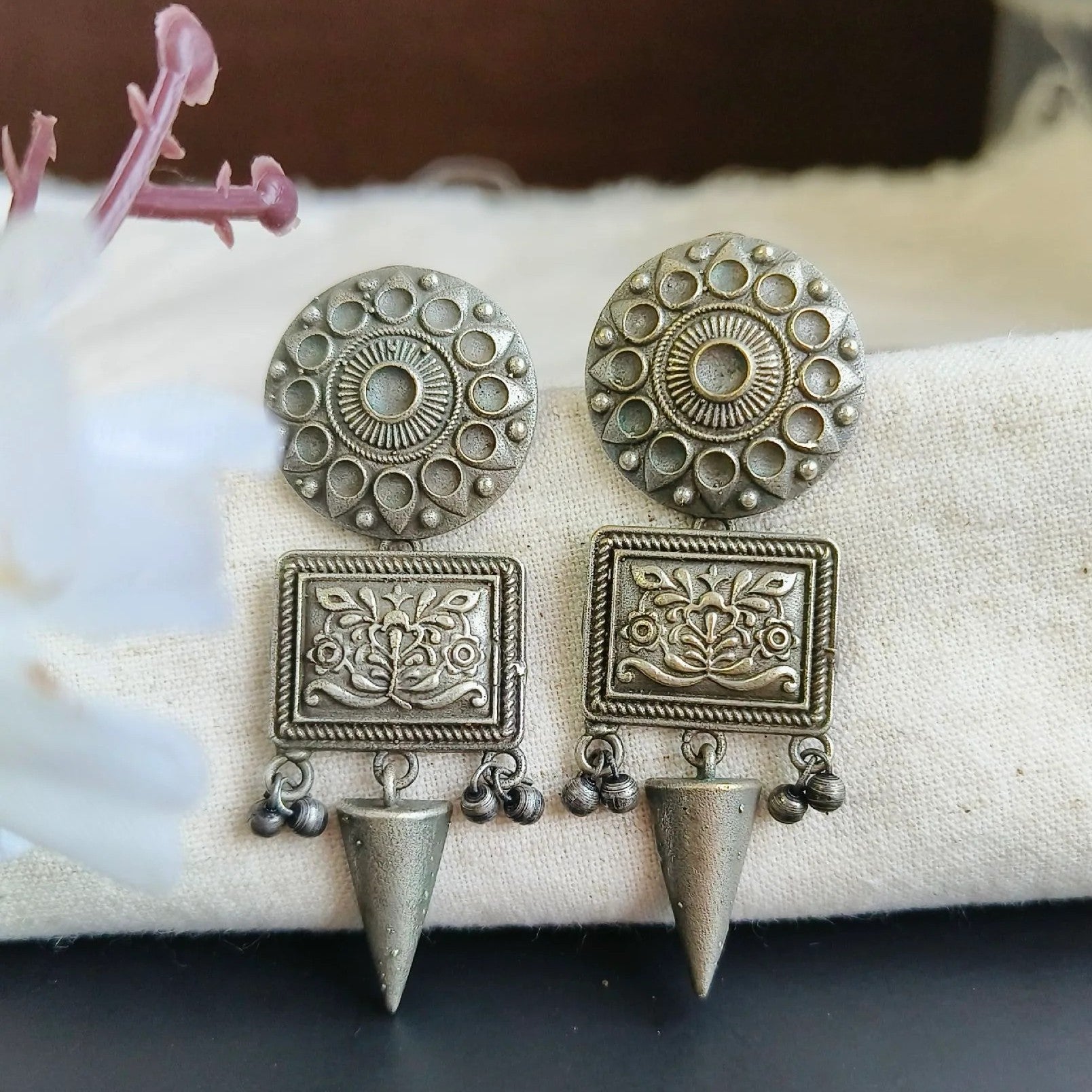 Jazbaat Silver-Lookalike Antique Indian Oxidised Dangler Earrings