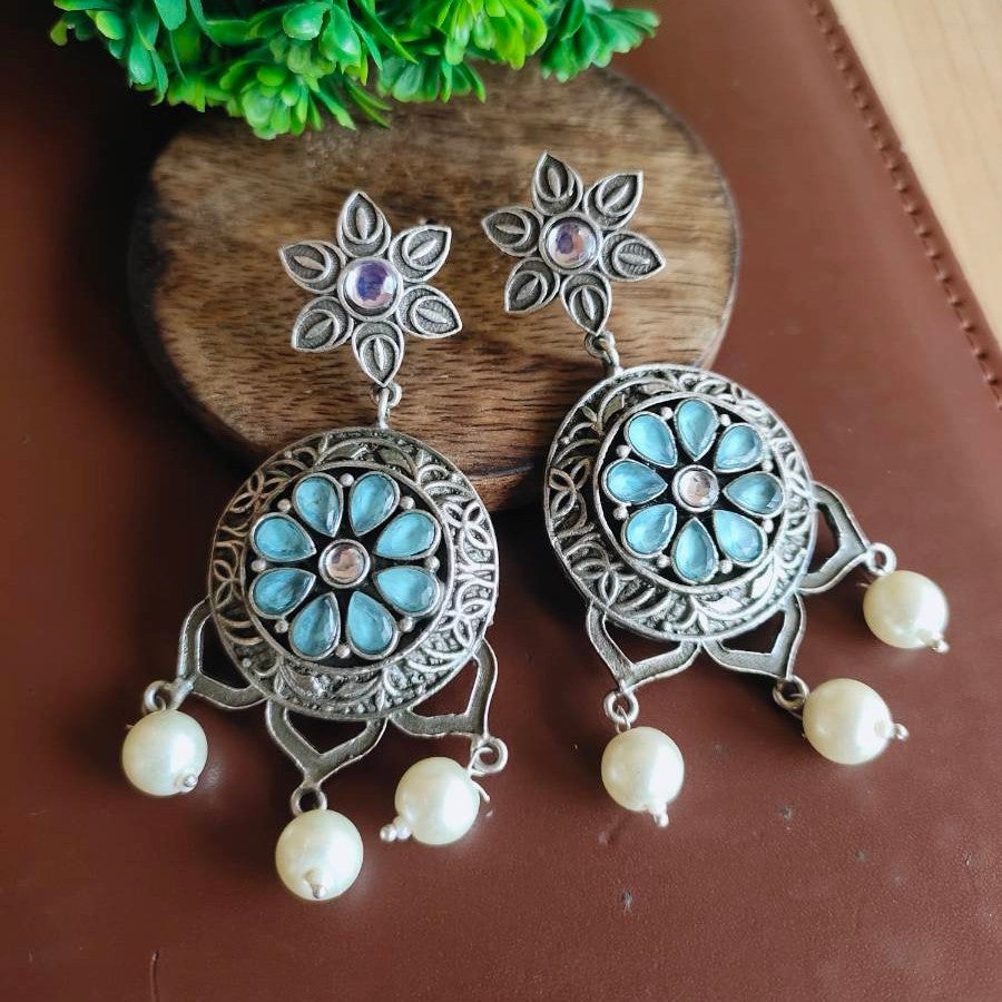 Jazbaat Silver-Oxidised Pearl & Blue Stone-Studded Dangler Earrings