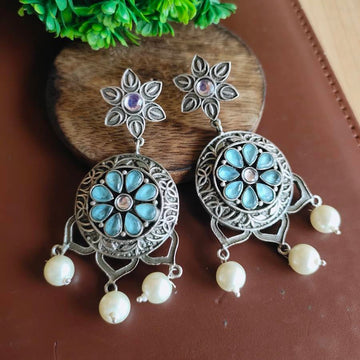 Jazbaat Silver-Oxidised Pearl & Blue Stone-Studded Dangler Earrings