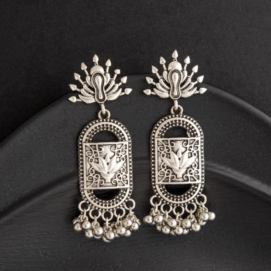 Jazbaat Silver-Plated Antique Artwork Beaded Dangle Earrings