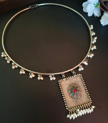 Jazbaat Silver-Plated Antique Beaded Pendant Hasli Choker Necklace