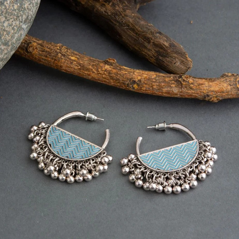 Jazbaat Silver-Plated Beaded Chandbali Turquoise Enamel Artwork Hoop Earrings