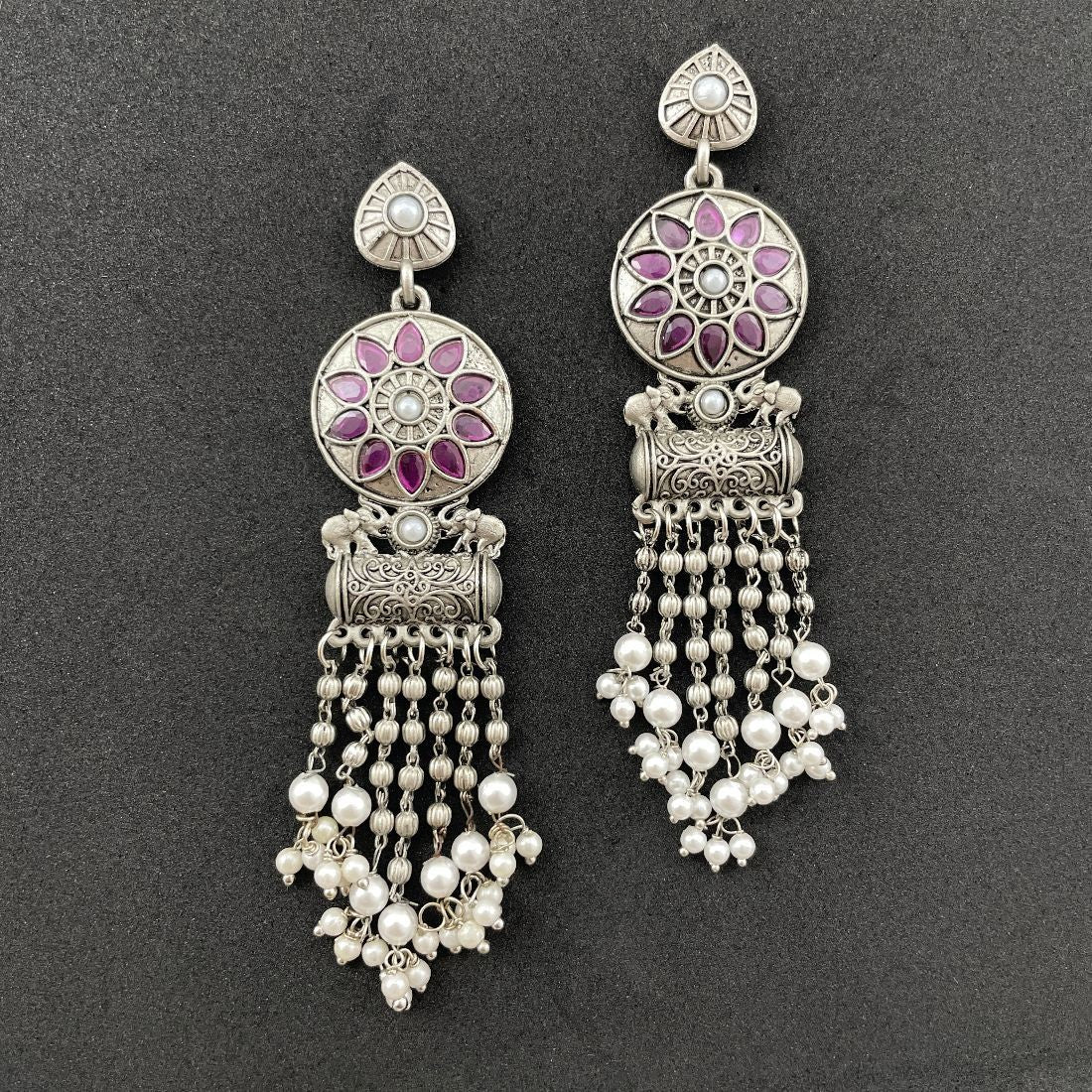 Jazbaat Silver-Plated Ethnic Pearl Drop Dangler Earrings