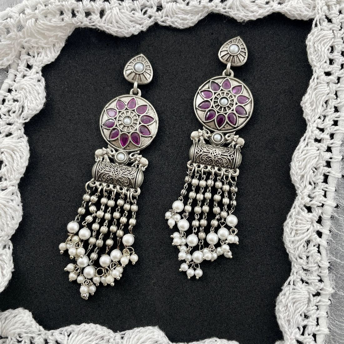 Jazbaat Silver-Plated Ethnic Pearl Drop Dangler Earrings