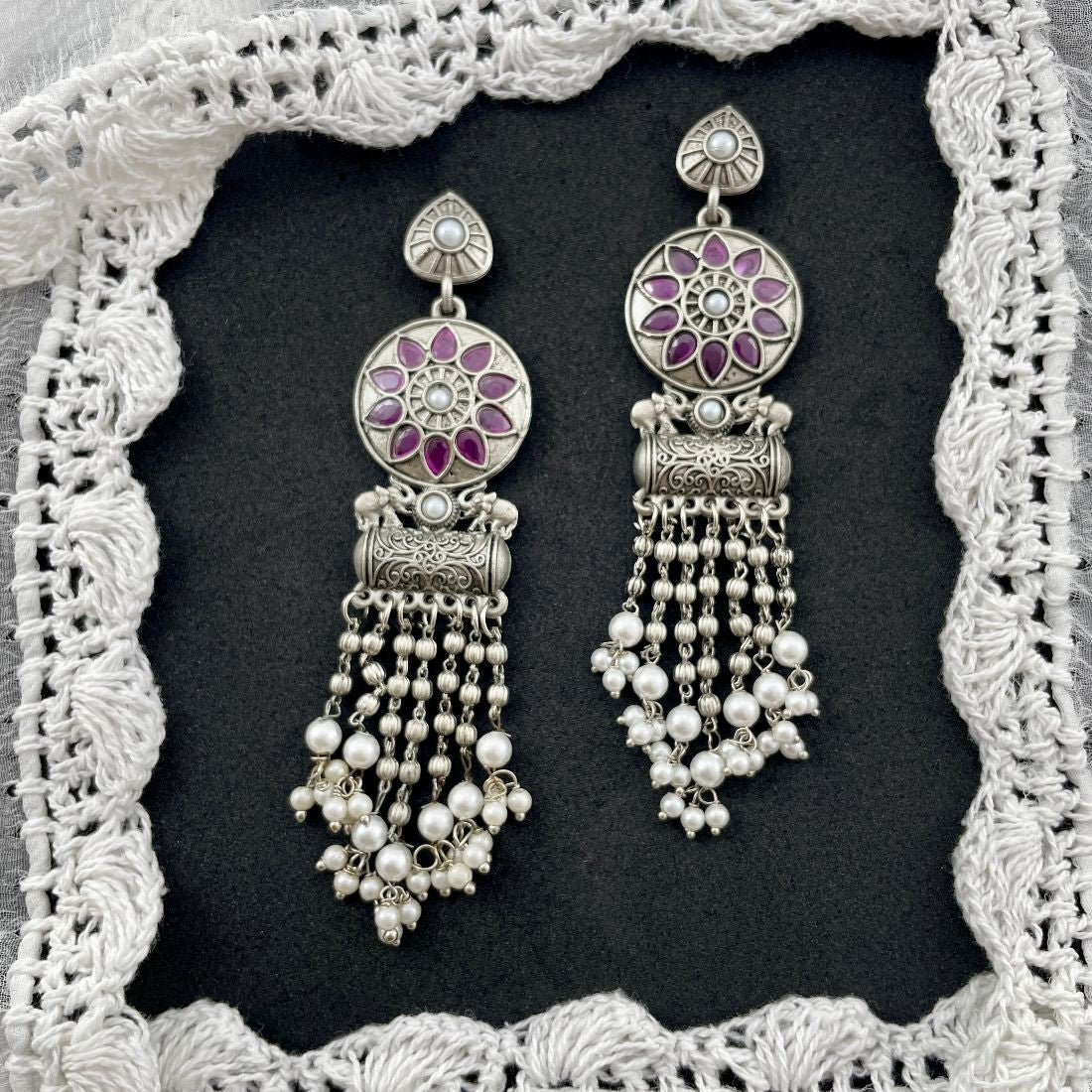 Jazbaat Silver-Plated Ethnic Pearl Drop Dangler Earrings
