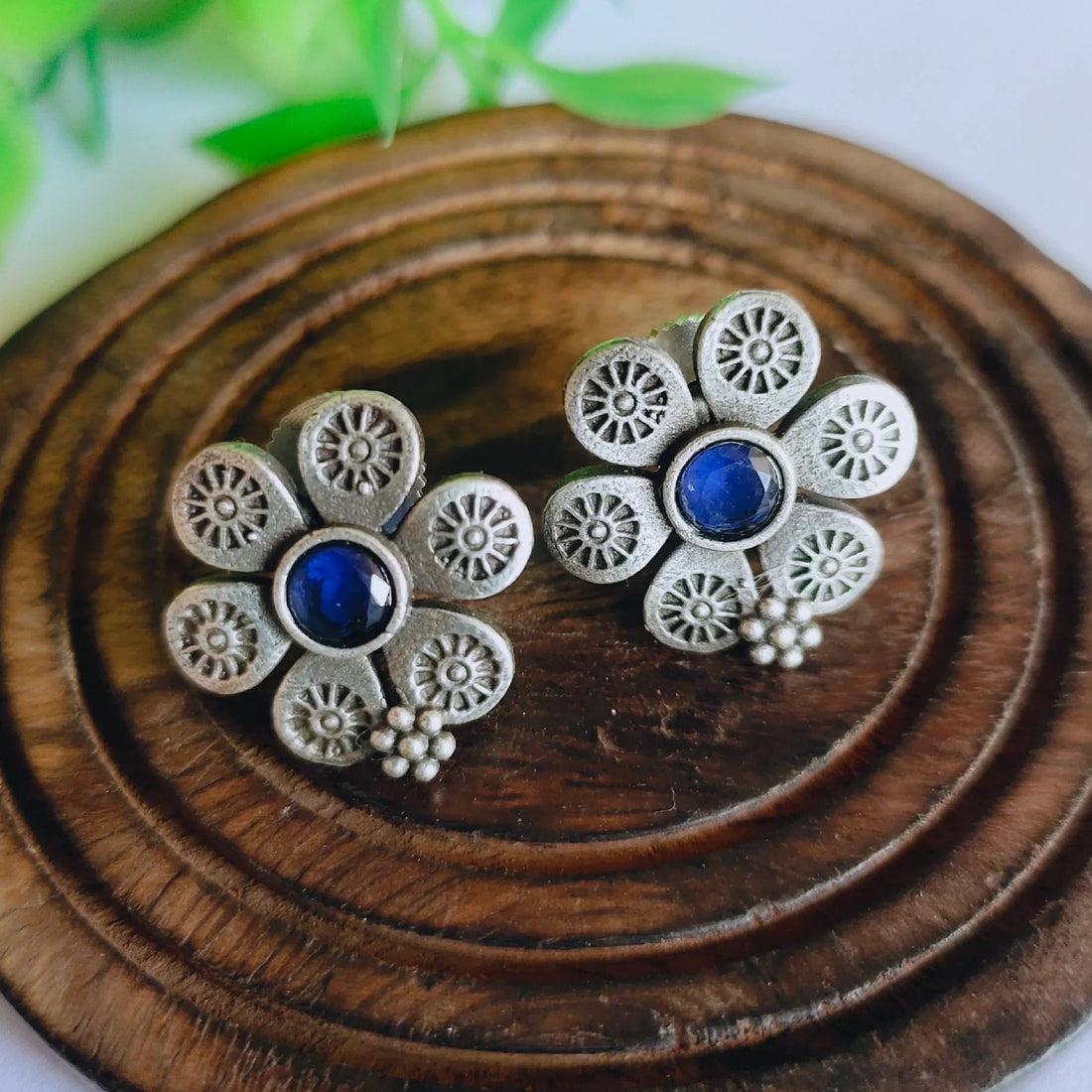 Jazbaat Silver-Plated Floral Design Blue Stone-Studded Earrings