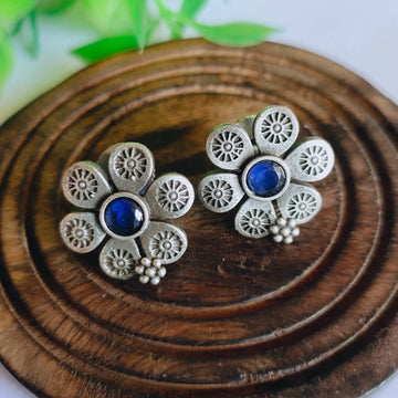 Jazbaat Silver-Plated Floral Design Blue Stone-Studded Earrings