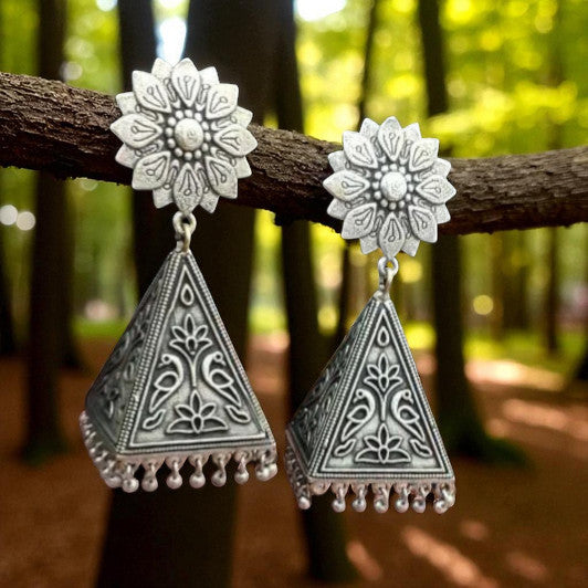 Jazbaat Silver-Plated Flower Design Oxidised Jhumka Earrings