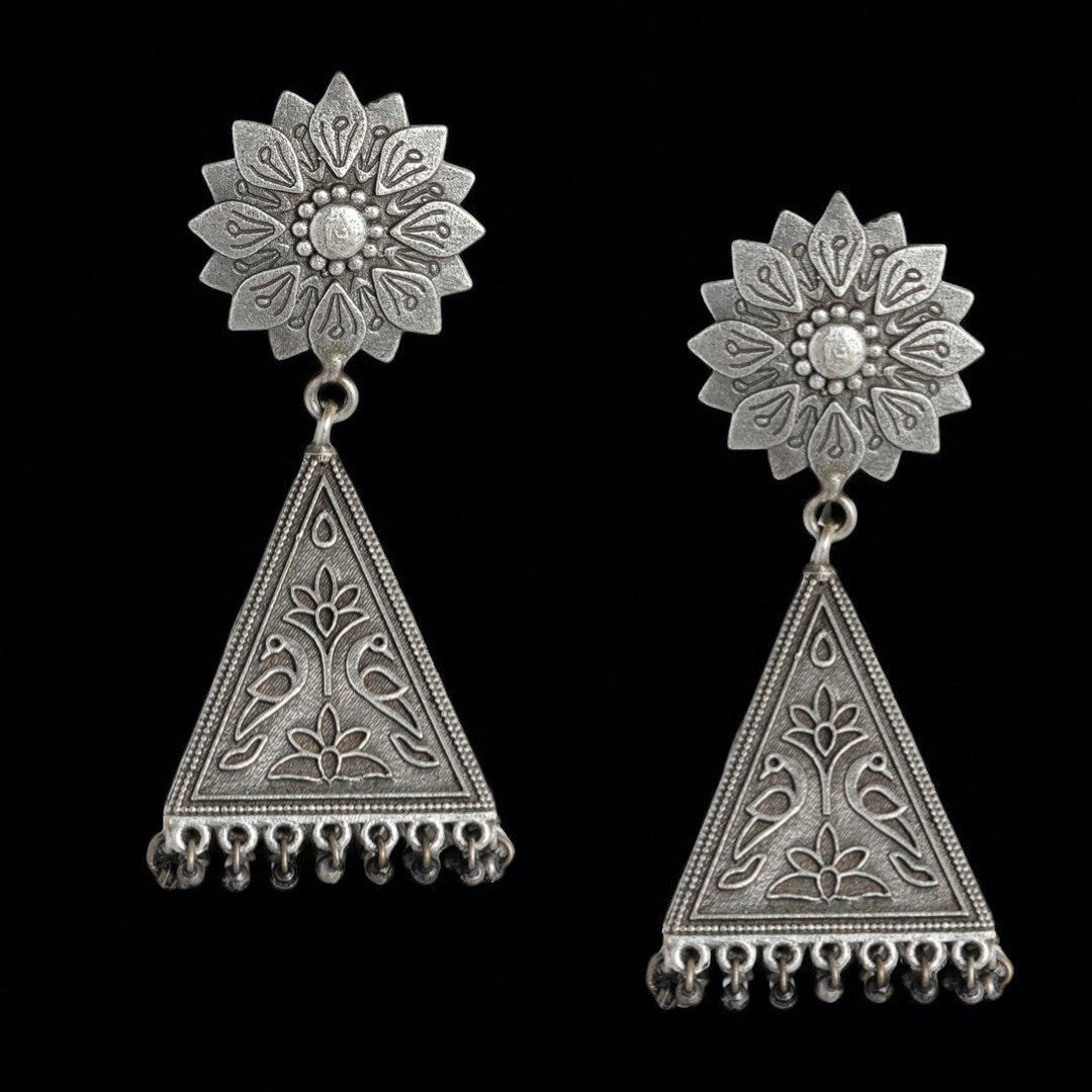 Jazbaat Silver-Plated Flower Design Oxidised Jhumka Earrings