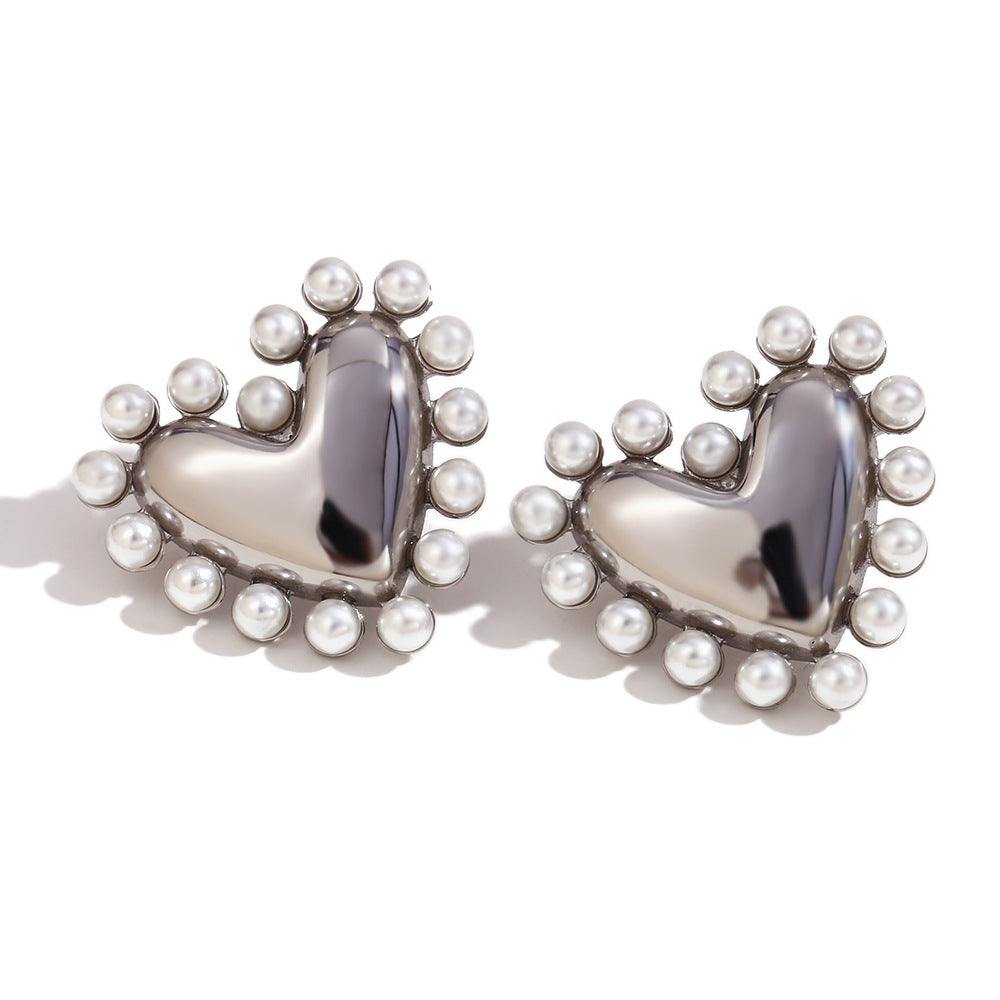 Jazbaat Silver-Plated Heart-Shaped Pearl-Embellished Stud Earrings