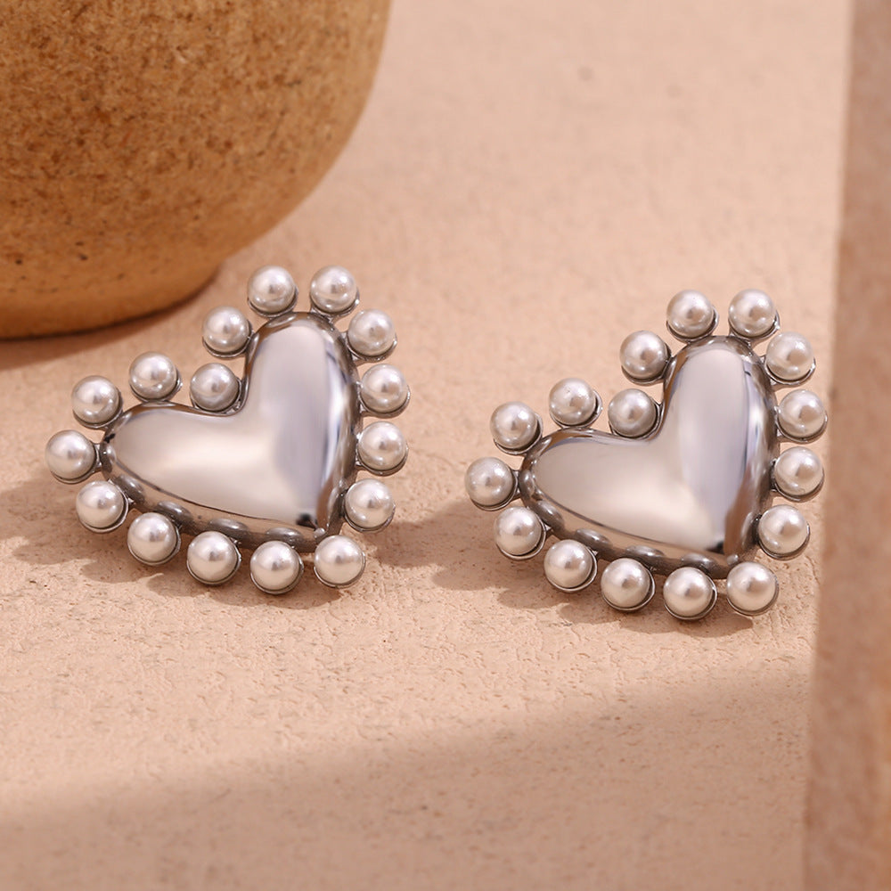Jazbaat Silver-Plated Heart-Shaped Pearl-Embellished Stud Earrings