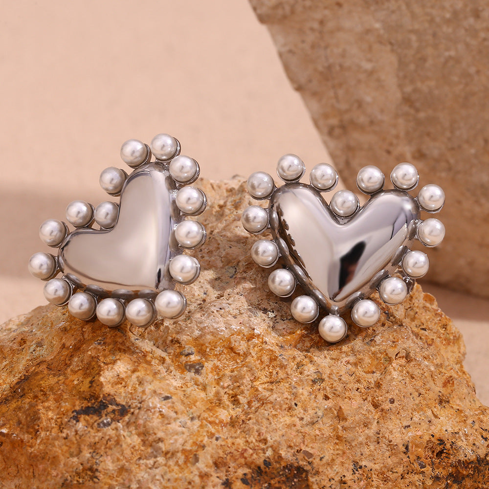 Jazbaat Silver-Plated Heart-Shaped Pearl-Embellished Stud Earrings